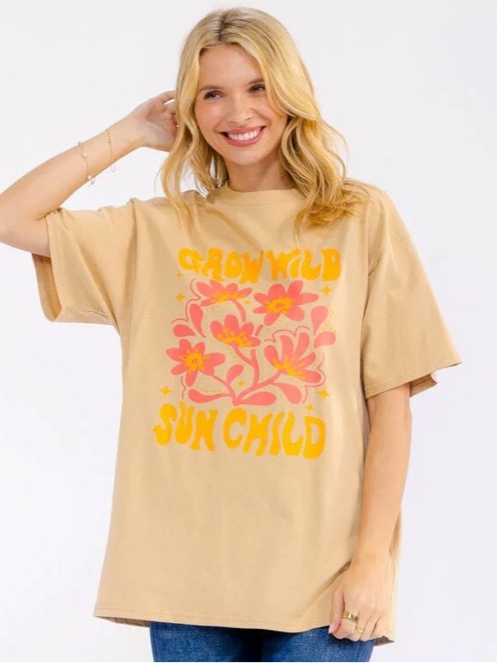 A413. Grow Wild Sun Child Floral Graphic Tee - Beige